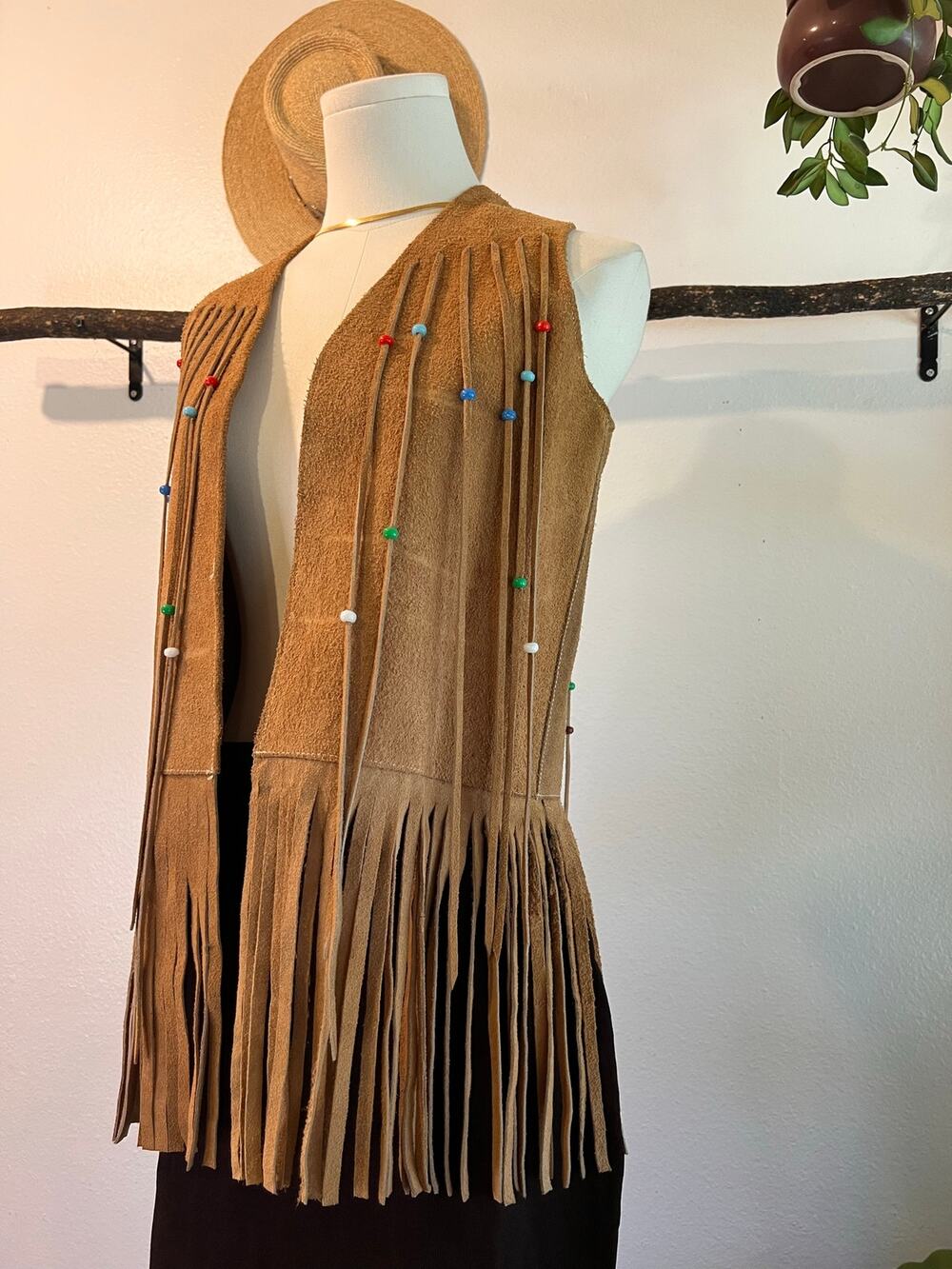 Handmade Tan Genuine Suede Leather Beaded Fringe Tassel Vest Size XS/Small